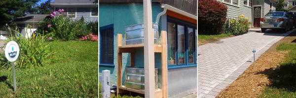 BLUE sign on lawn and driveway and rain gutters on a business